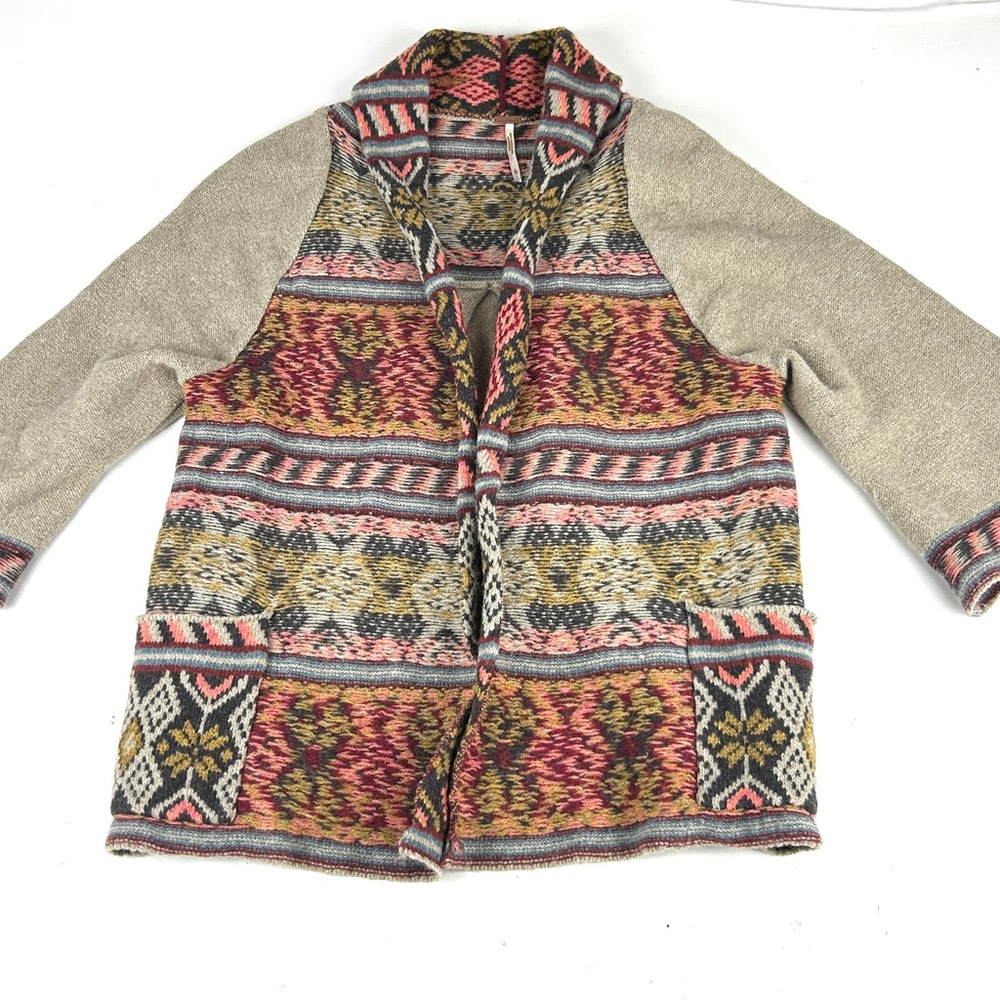 Free People Multicolor Fair isle Patterned Open Cardigan with Beige Sleeves